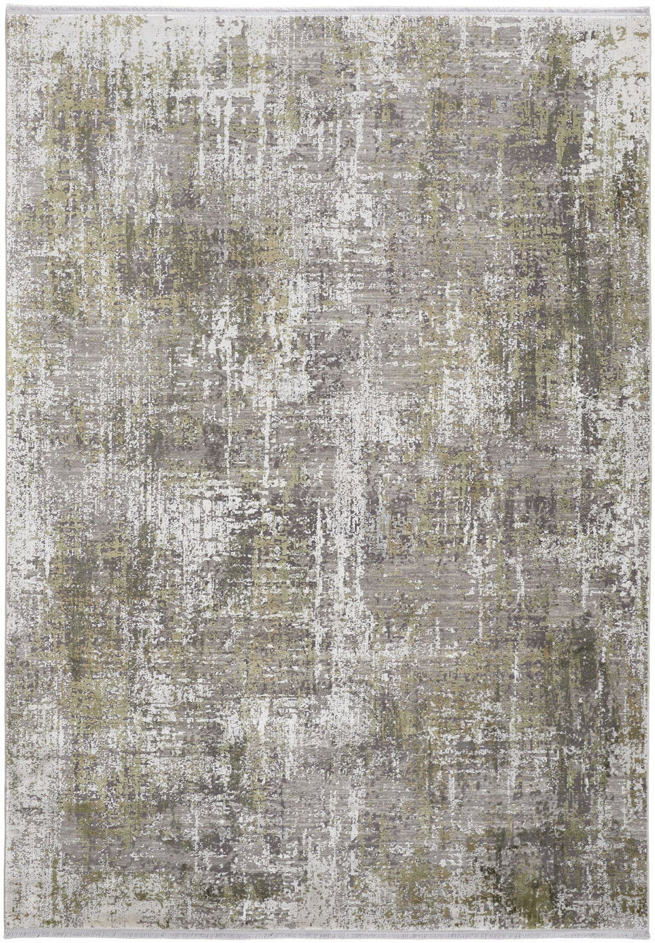 Abstract Power Loom Distressed Area Rug With Fringe - Green Gray And Ivory - 3' X 5'