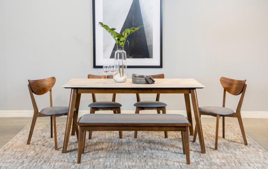 Everett - Faux Marble Top Dining Table - Natural Walnut And White