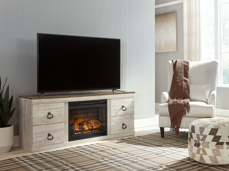 Willowton - Whitewash - 2 Pc. - TV Stand with Faux Firebrick Fireplace Insert by Signature Design by Ashley® | Bel Furniture