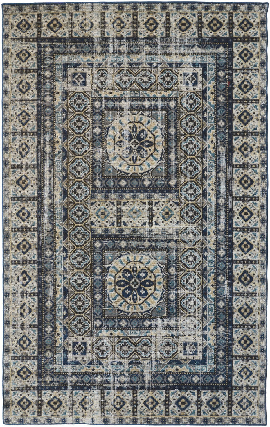 Abstract Power Loom Distressed Stain Resistant Area Rug - Ivory Tan And Blue - 2' X 3'