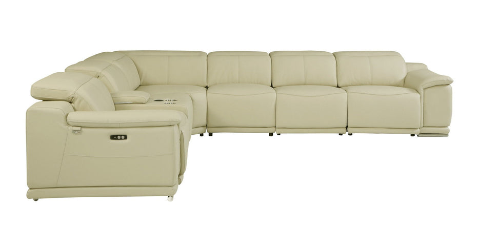Italian Leather Power Recline L Shape Seven Piece Corner Sectional With Console - Beige