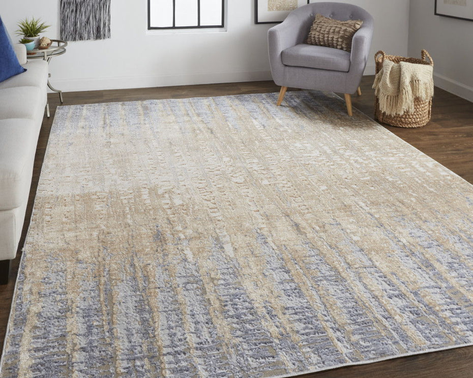 Abstract Power Loom Distressed Area Rug - Tan Brown And Blue - 4' X 6'