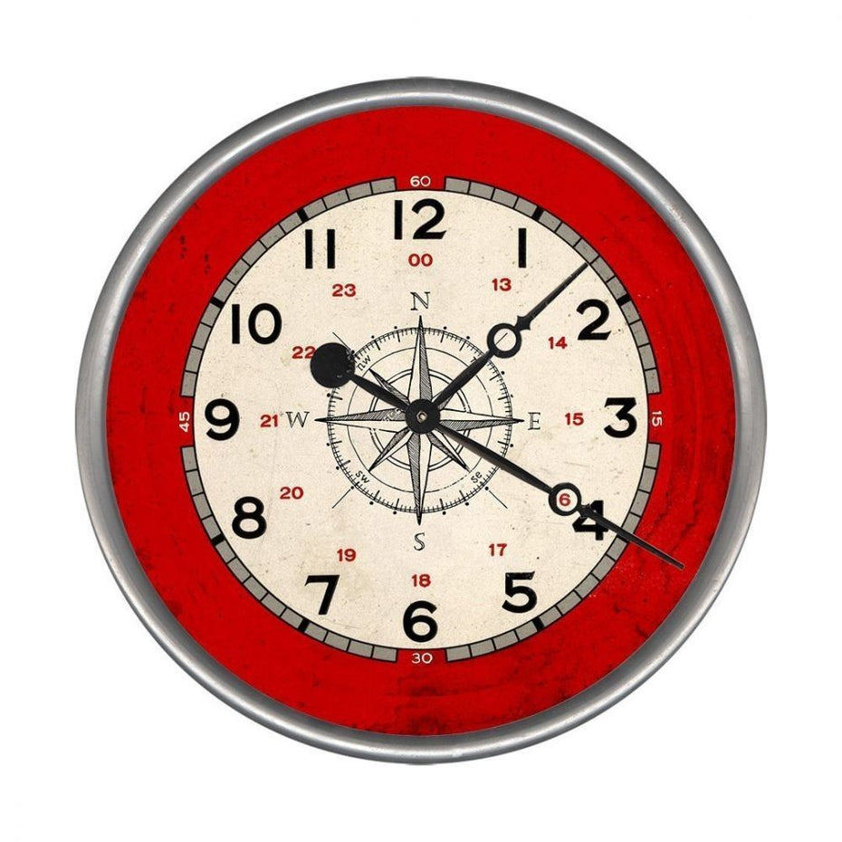 Rustic Compass Wall Clock - Red And Cream - 15" x 15"