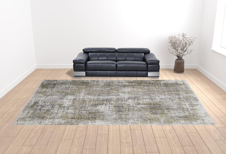 Abstract Power Loom Distressed Area Rug - Green Gray And Ivory - 12' X 18'