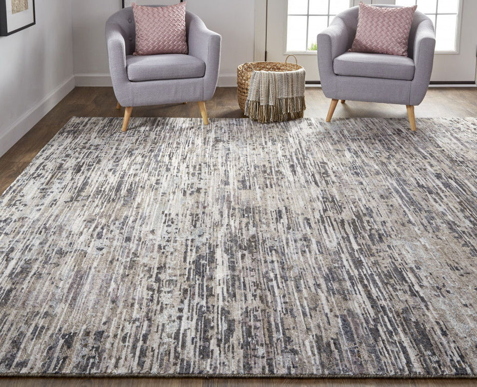 Abstract Hand Knotted Area Rug - Gray Blue And Silver Wool - 12' X 15'