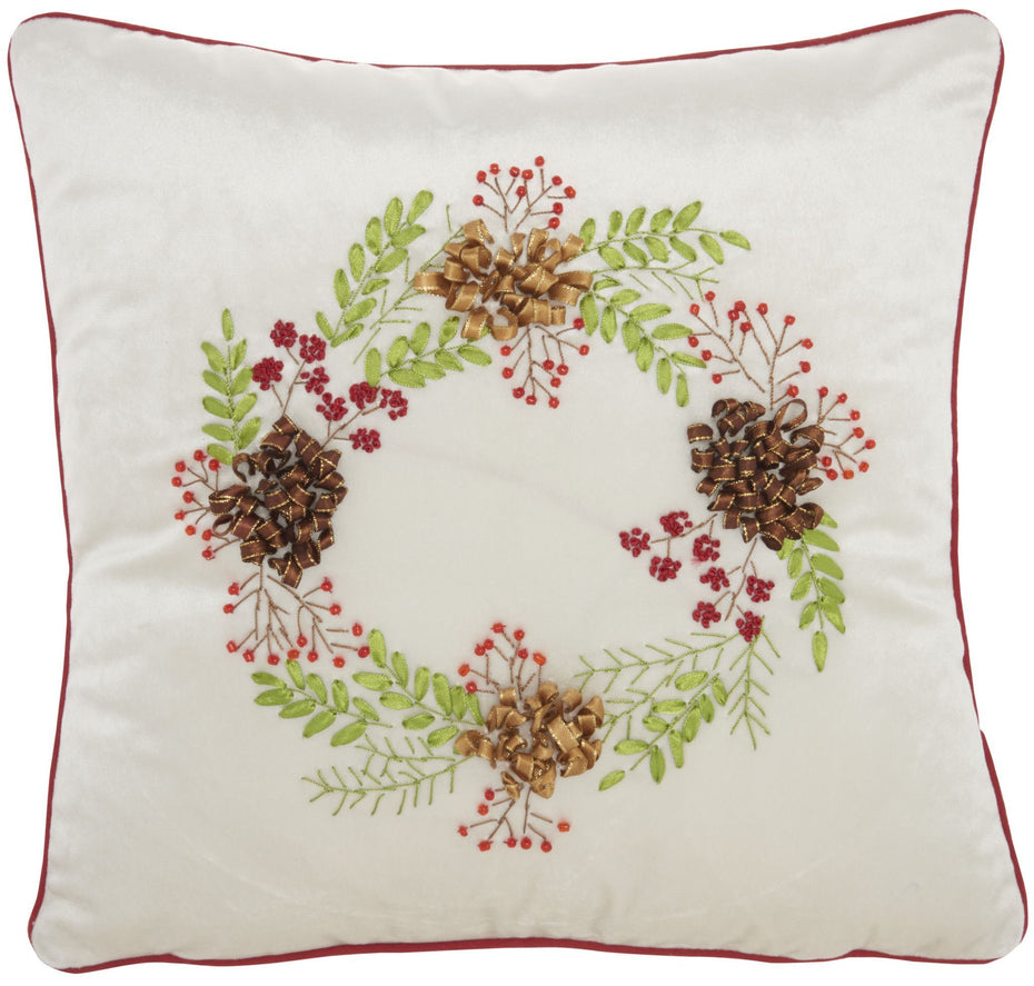 16"Lx16"H Zippered Handmade Velvet Christmas Wreath Throw Pillow - Beige