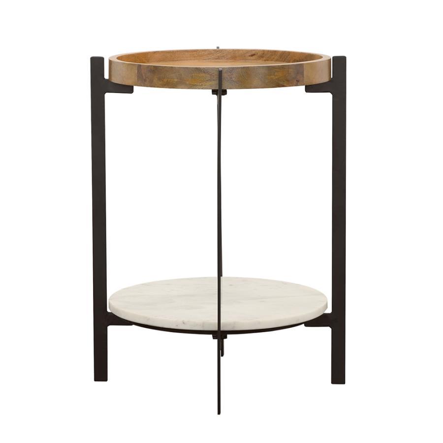 Adhvik - Round Accent Table With Marble Shelf - Natural And Black