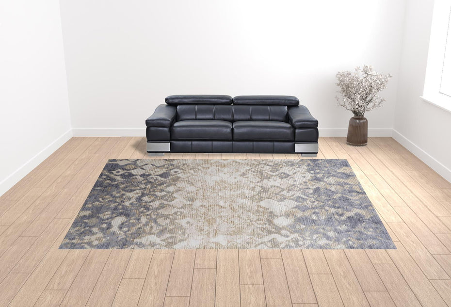 Abstract Power Loom Distressed Area Rug - Tan Ivory And Blue - 12' X 15'