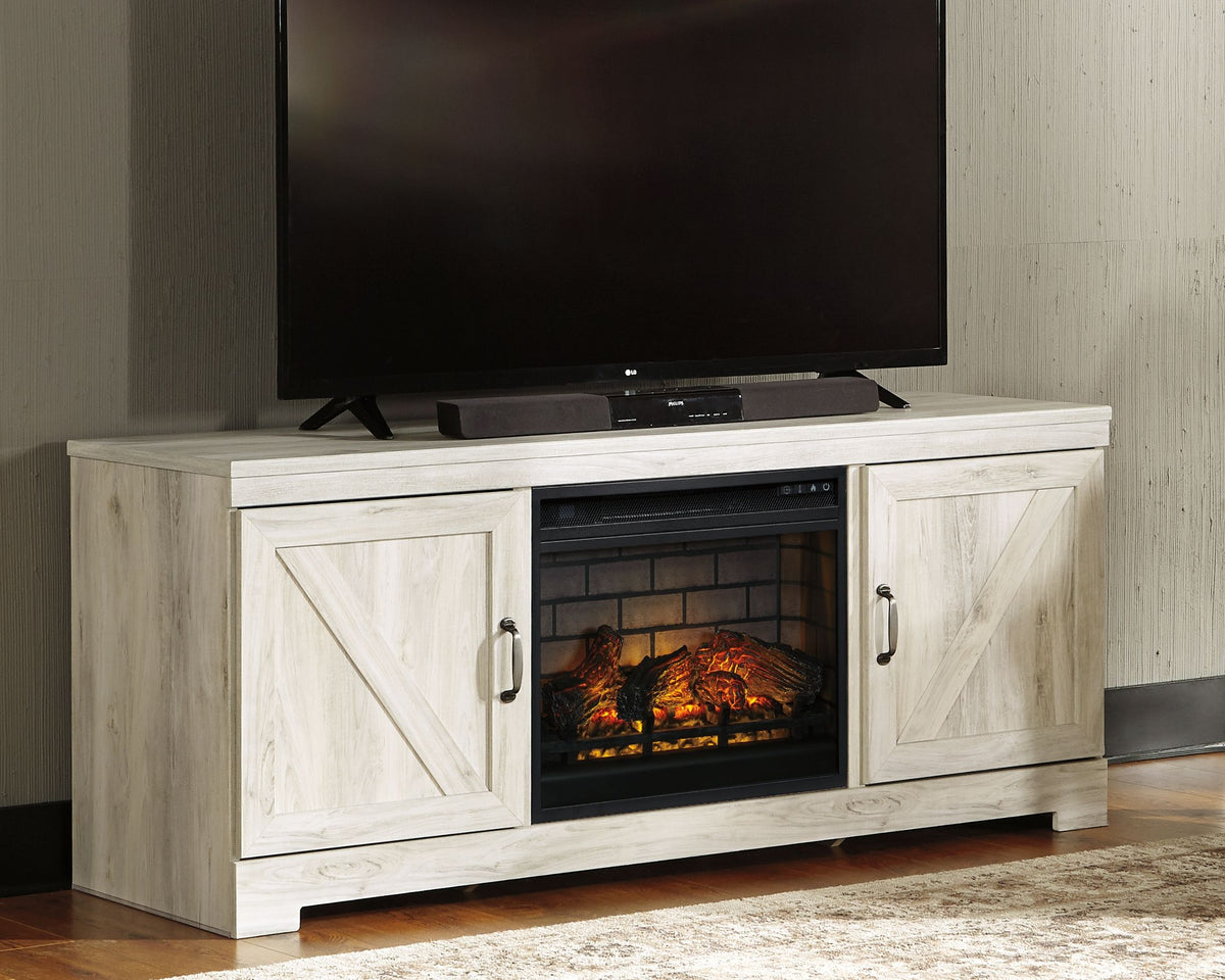 Bellaby - Whitewash - 63" TV Stand With Faux Firebrick Fireplace Insert by Signature Design by Ashley® | Bel Furniture