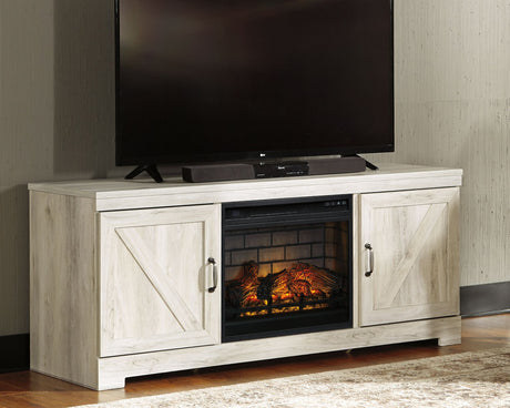 Bellaby - Whitewash - 63" TV Stand With Faux Firebrick Fireplace Insert by Signature Design by Ashley® | Bel Furniture