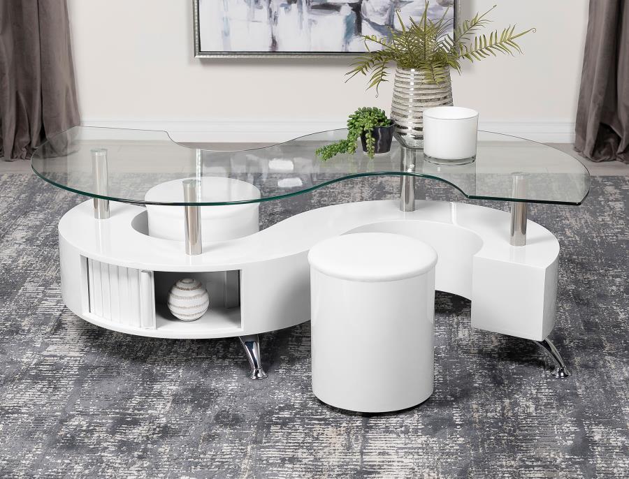 Buckley - Curved Glass Top Coffee Table With Stools