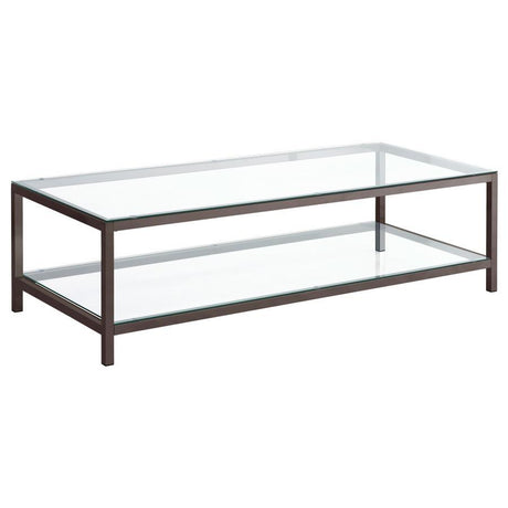 Trini - 1-Shelf Glass Top Coffee Table - Black Nickel by CoasterEssence | Bel Furniture