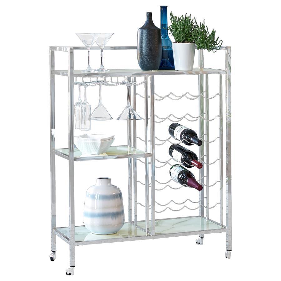 Derion - 3-Tier Rectangular Glass Shelf Metal Bar Cart - Chrome by CoasterEssence | Bel Furniture