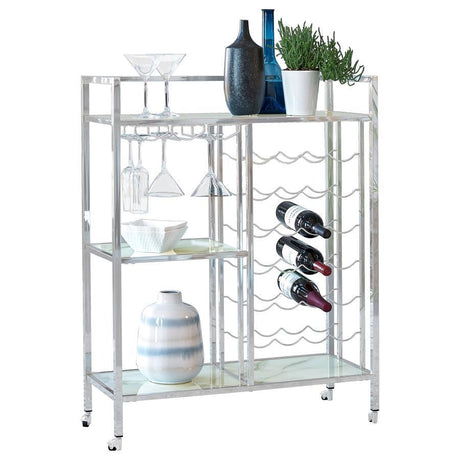 Derion - 3-Tier Rectangular Glass Shelf Metal Bar Cart - Chrome by CoasterEssence | Bel Furniture