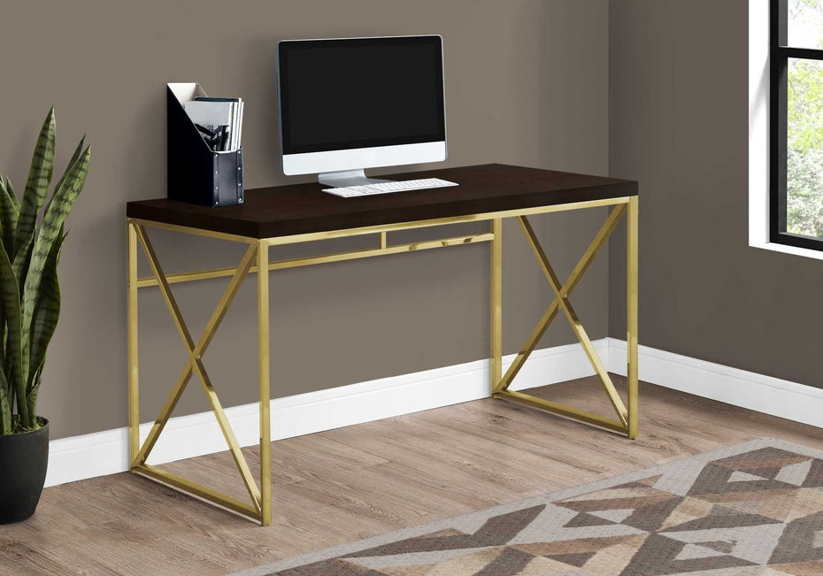 Modern Computer Desk - Gold And Walnut Finish