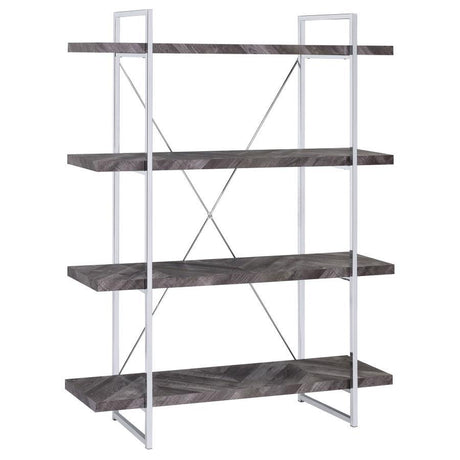 Grimma - 4-Shelf Bookshelf - Rustic Gray And Chrome by CoasterEssence | Bel Furniture