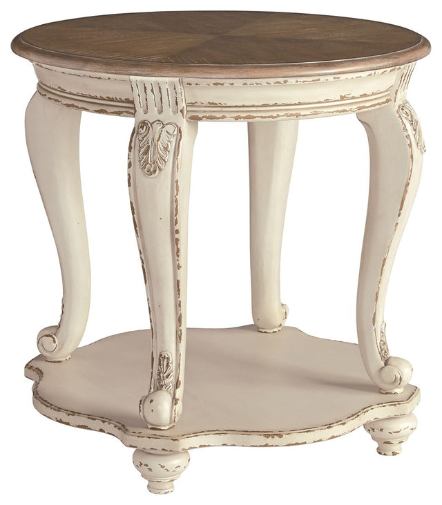 Realyn - White / Brown - Round End Table by Signature Design by Ashley® | Bel Furniture