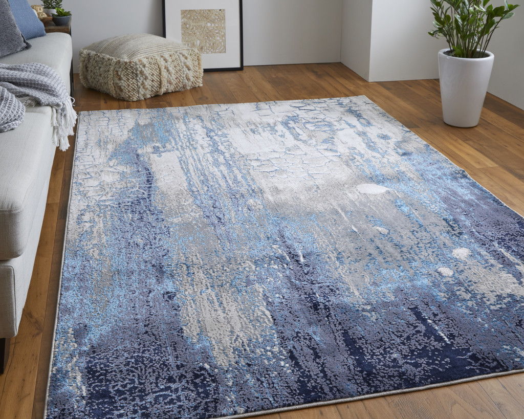 Abstract Power Loom Distressed Area Rug - Ivory Blue And Black - 7' X 10'