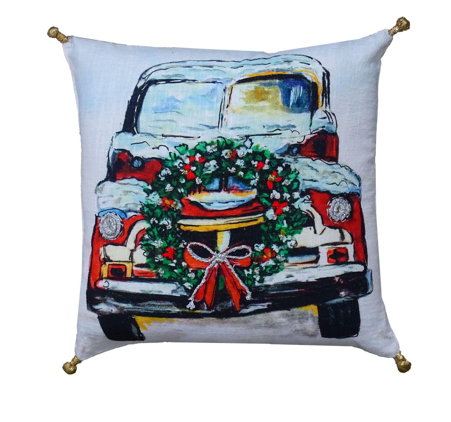 18"Lx18"D Handmade Christmas Car Throw Pillow With Pom Poms - Red And Green