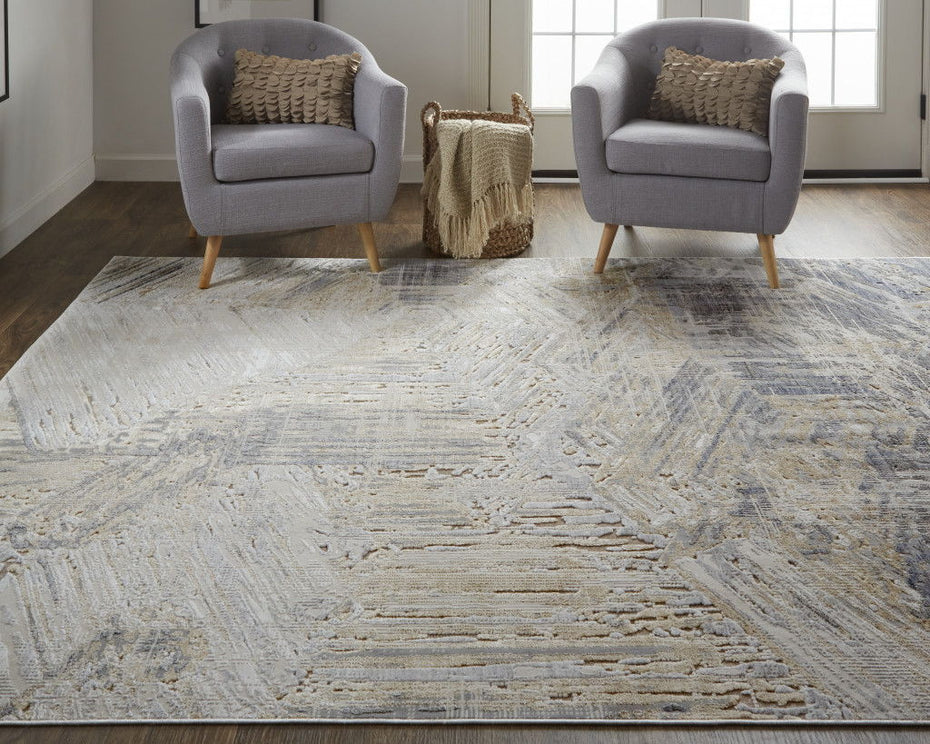 Abstract Power Loom Distressed Area Rug - Tan Ivory And Gray - 2' X 3'