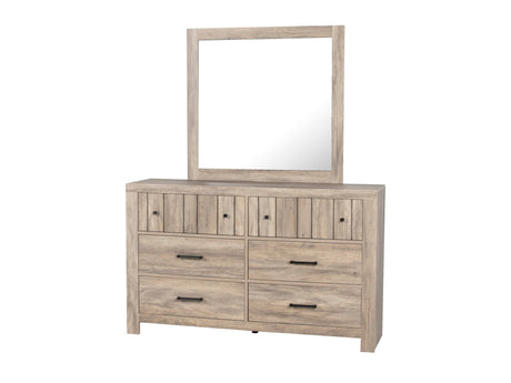 Weathered oak queen panel bedroom set with dresser, mirror, and nightstand at Bel Furniture
