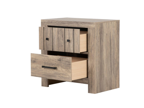 Weathered oak queen panel bedroom set with dresser, mirror, and nightstand at Bel Furniture