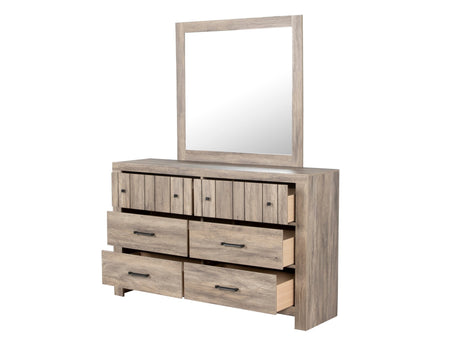 Weathered oak queen panel bedroom set with dresser, mirror, and nightstand at Bel Furniture