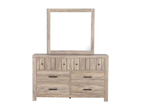 Weathered oak queen panel bedroom set with dresser, mirror, and nightstand at Bel Furniture