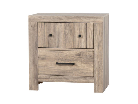 Weathered oak queen panel bedroom set with dresser, mirror, and nightstand at Bel Furniture
