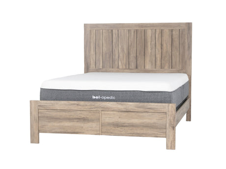 Weathered oak queen panel bedroom set with dresser, mirror, and nightstand at Bel Furniture