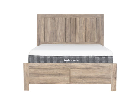 Weathered oak queen panel bedroom set with dresser, mirror, and nightstand at Bel Furniture