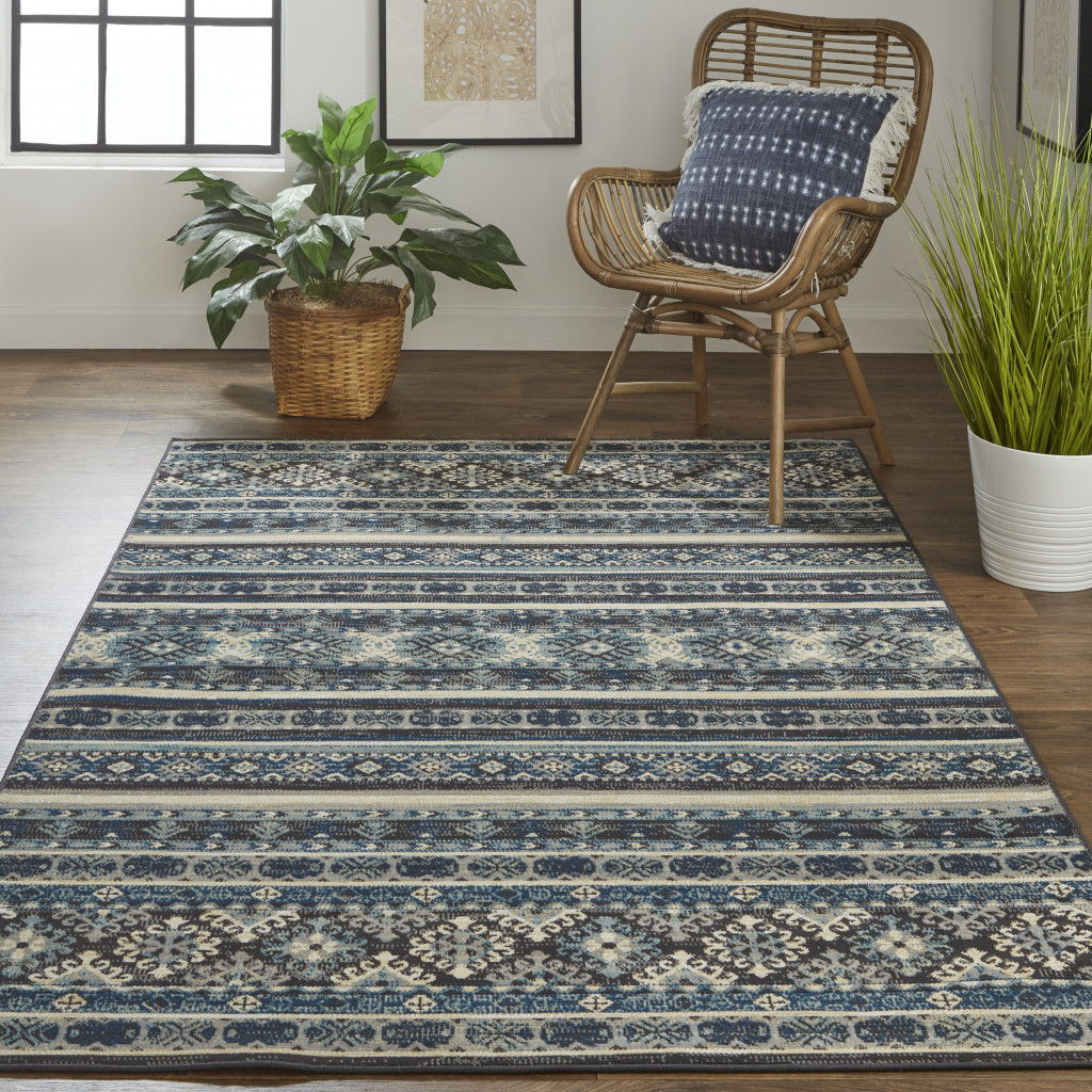 Geometric Power Loom Distressed Stain Resistant Area Rug - Blue Tan And Black - 2' X 3'