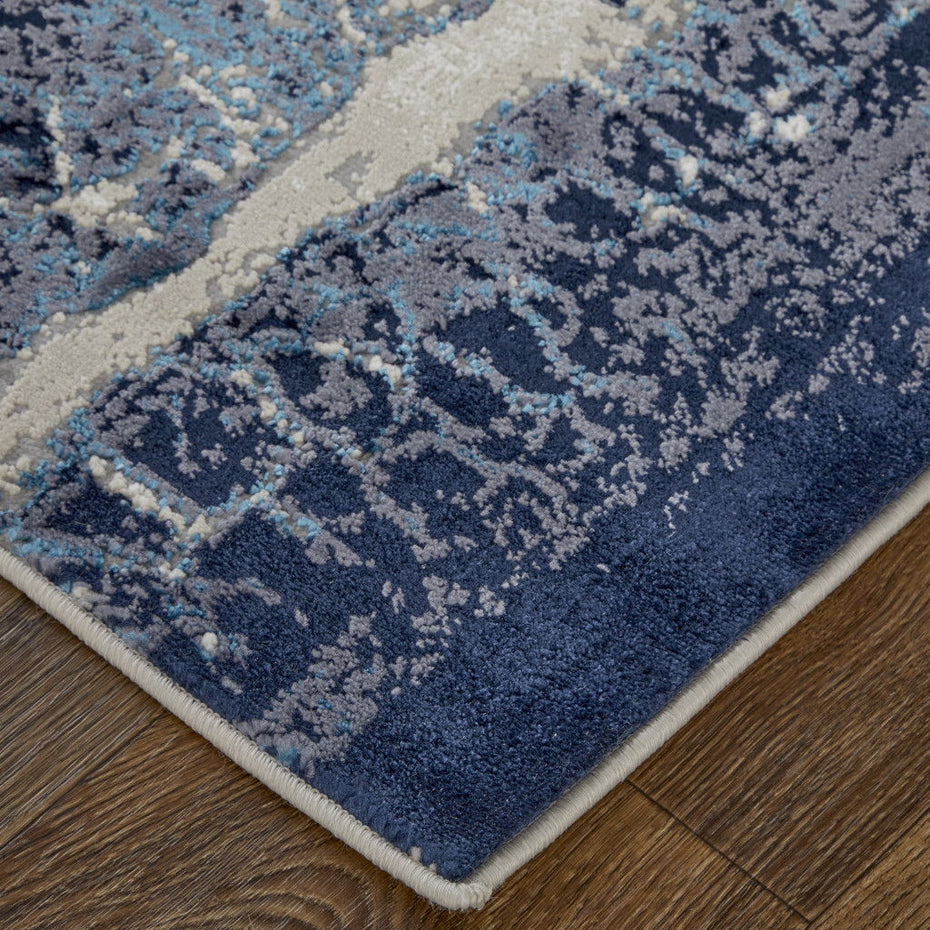Abstract Power Loom Distressed Area Rug - Ivory Blue And Black - 5' X 8'