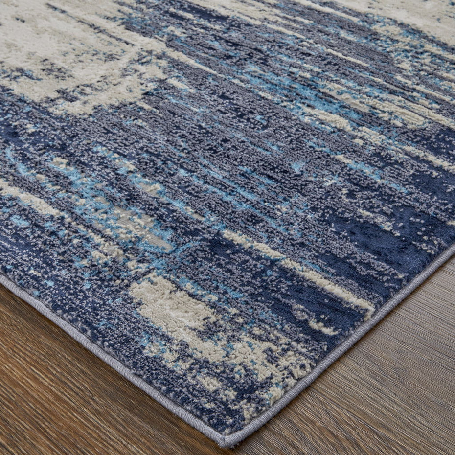 Abstract Power Loom Distressed Area Rug - Tan Blue And Ivory - 9' X 12'