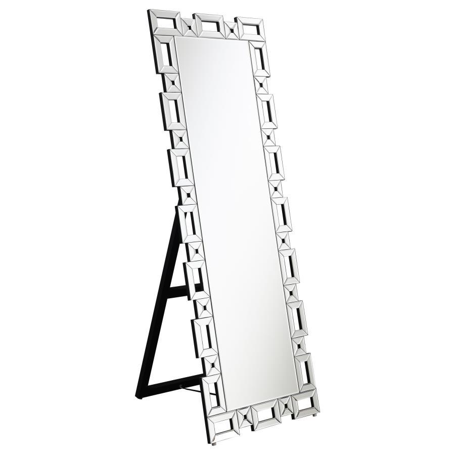 Tavin - Geometric Frame Standing Mirror - Silver by CoasterEssence | Bel Furniture