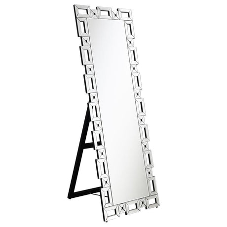 Tavin - Geometric Frame Standing Mirror - Silver by CoasterEssence | Bel Furniture
