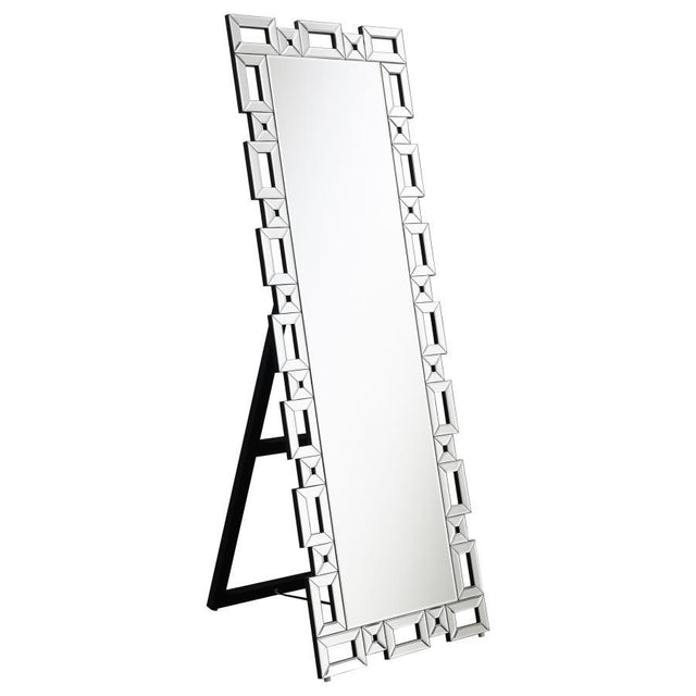 Tavin - Geometric Frame Standing Mirror - Silver by CoasterEssence | Bel Furniture