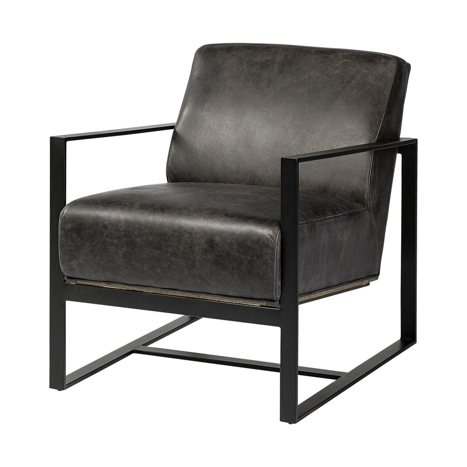 Genuine Leather Wrapped Accent Chair With Metal Frame - Ebony