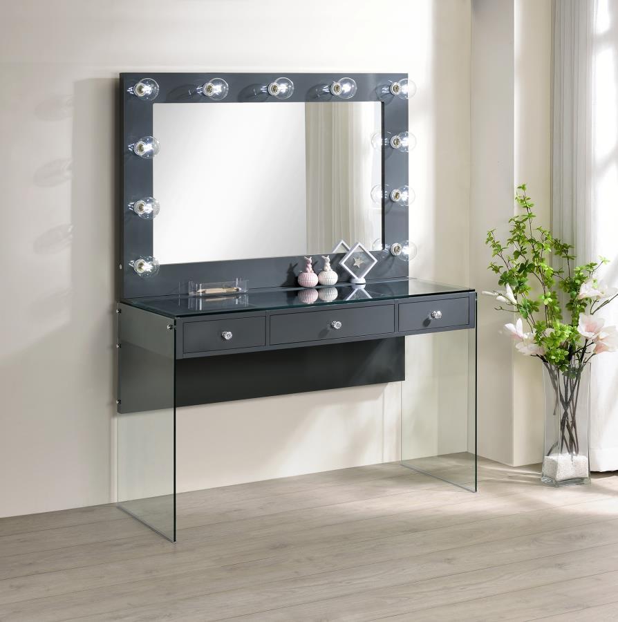 Afshan - 3-Drawer Vanity Desk With Lighting Mirror - Gray High Gloss
