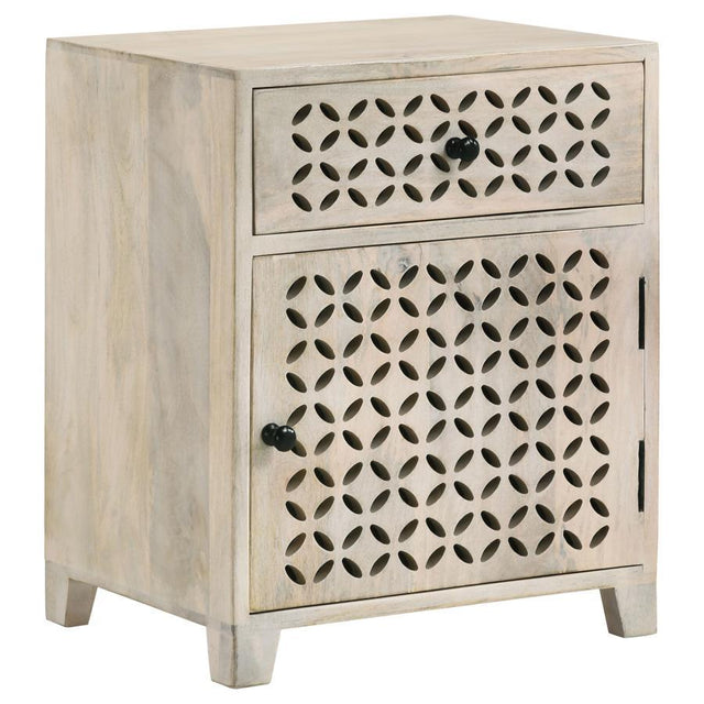 August - 1-Drawer Trellis Pattern Storage Cabinet - White Washed by CoasterEssence | Bel Furniture
