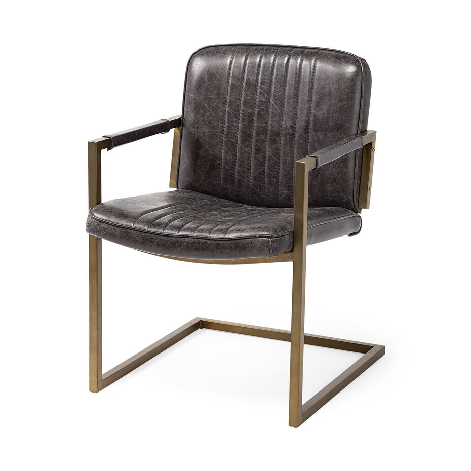 Leather Seat Accent Chair With Brass Frame - Black