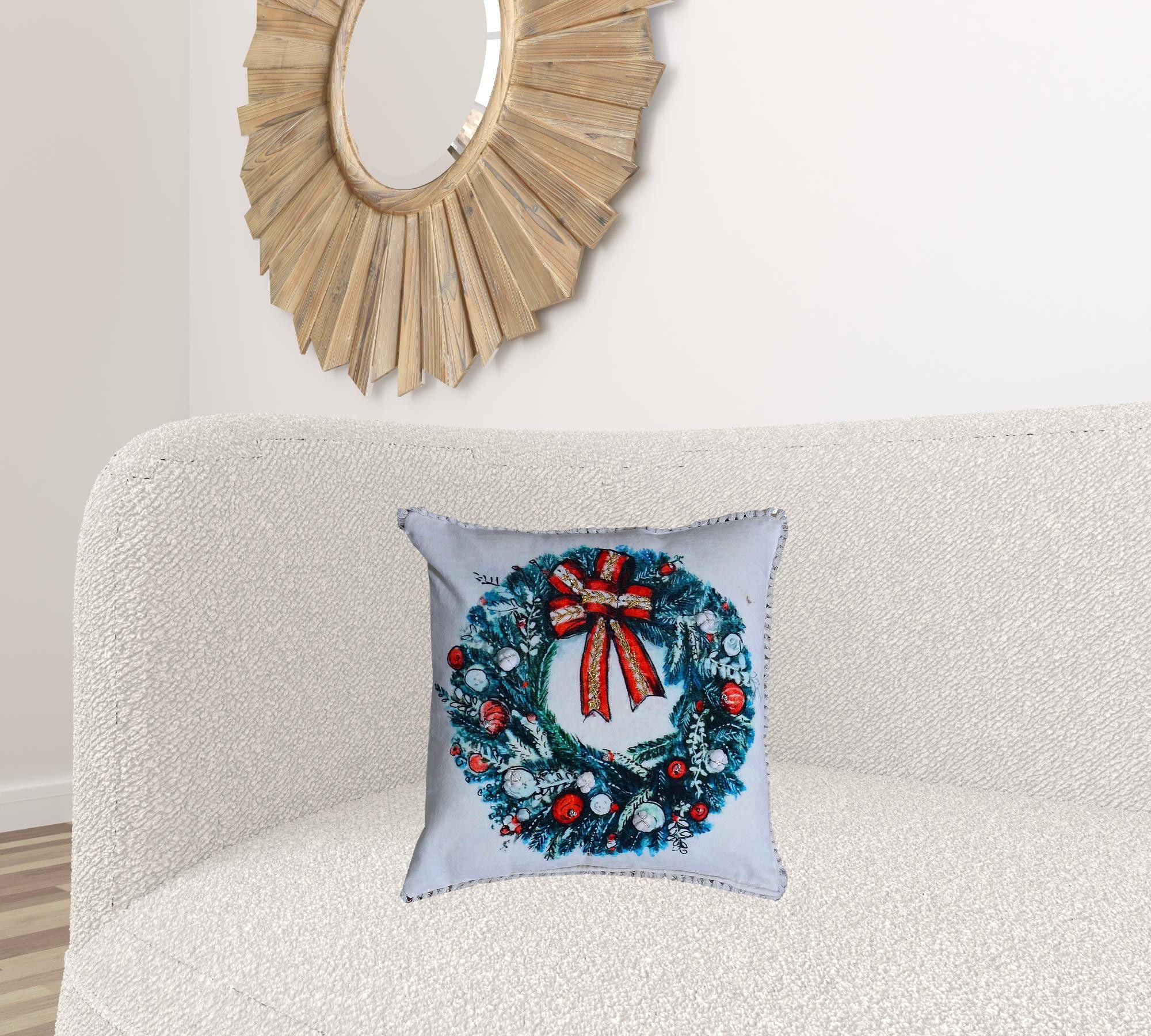18"Lx18"D Christmas Wreath Throw Pillow With Embroidery - Red And Green