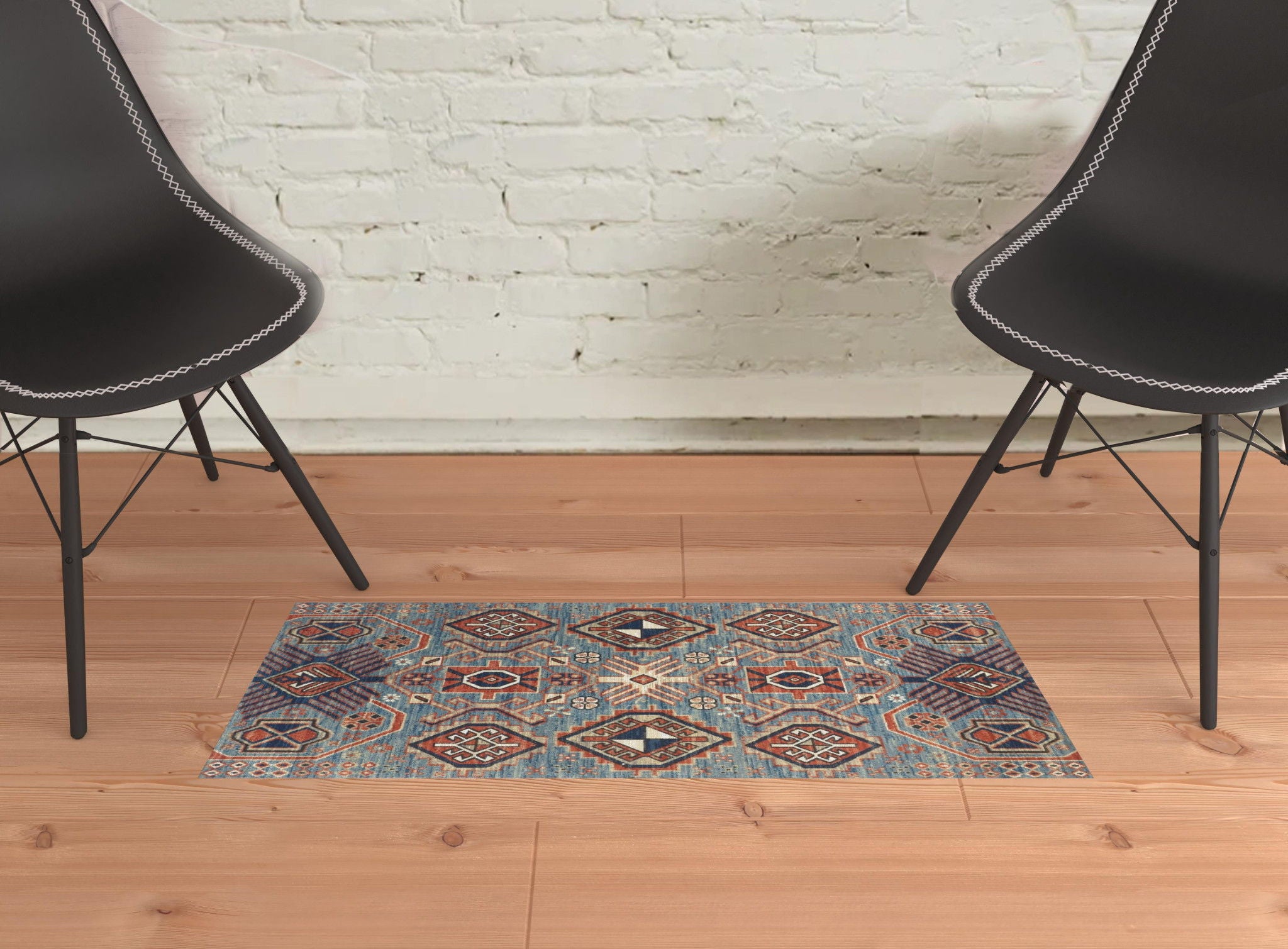 Abstract Distressed Stain Resistant Power Loom Area Rug - Blue Red And Tan - 2' X 3'