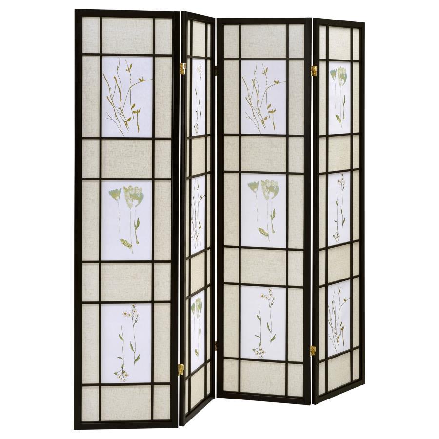 Catabella - 4-Panel Room Divider Folding Shoji Screen Floral - Black