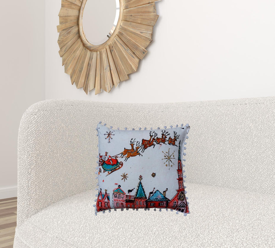 18"Lx18"D Christmas Santa And Reindeer Throw Pillow With Pom Poms - Red And Green
