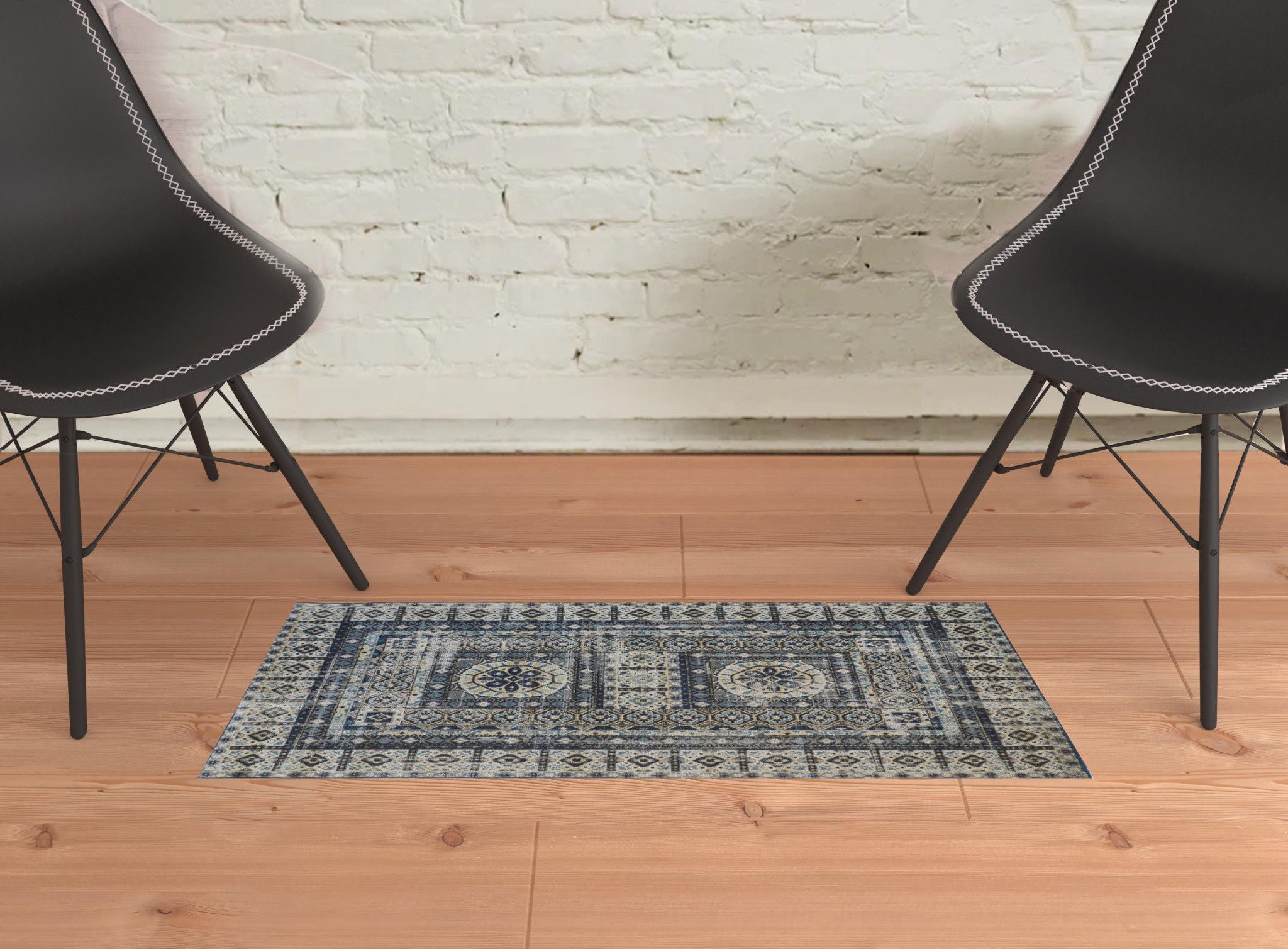 Abstract Power Loom Distressed Stain Resistant Area Rug - Ivory Tan And Blue - 2' X 3'