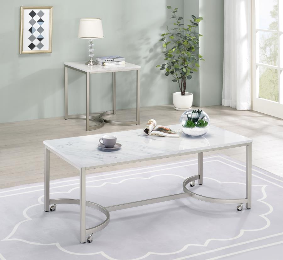 Leona - Faux Marble Coffee Table With Casters - Satin Nickel