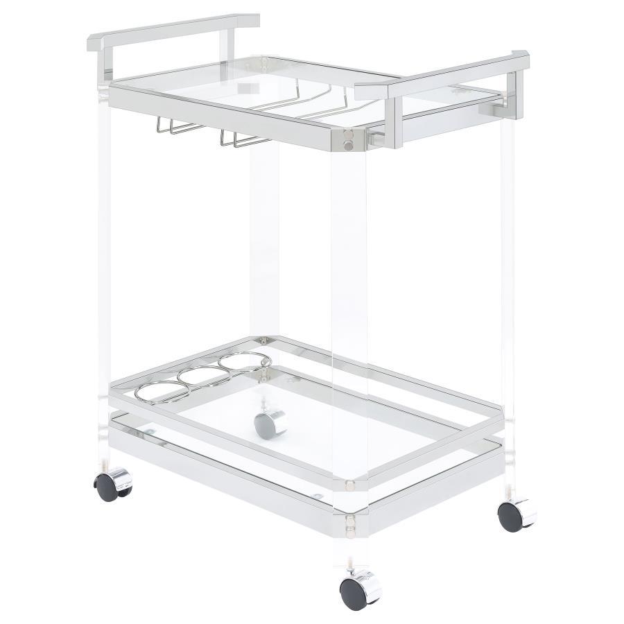 Jefferson - 2-Tier Glass Shelf Acrylic Bar Cart - Chrome by CoasterEssence | Bel Furniture