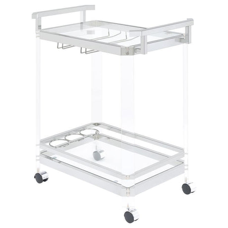 Jefferson - 2-Tier Glass Shelf Acrylic Bar Cart - Chrome by CoasterEssence | Bel Furniture