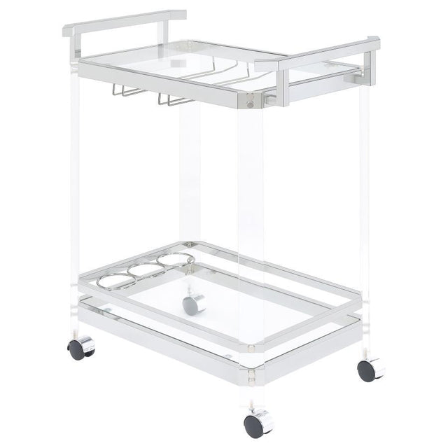 Jefferson - 2-Tier Glass Shelf Acrylic Bar Cart - Chrome by CoasterEssence | Bel Furniture